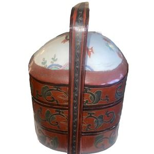 Antique Chinese porcelain lacquered stacking Wedding box, 3 tier. 11”x8”x7”